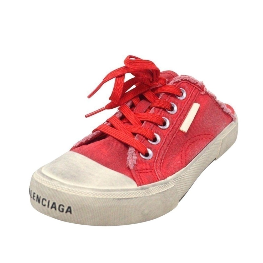 BALENCIAGA Womens Red Paris Canvas Mule Sneakers Sz 37 Distressed Streetwear Y2K - Picture 3 of 16